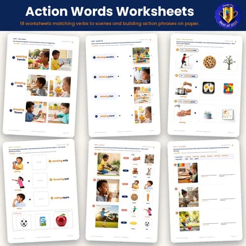 Action Words Worksheets — 18 Printable Verb Worksheets for Early Talkers (Circle, Match, Cut & Glue) – PDF preview
