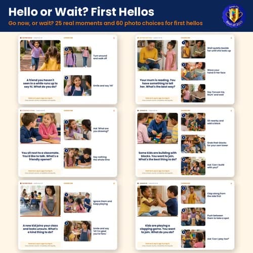 Hello or Wait? First Hellos — 25 Printable Social Scenario Photo Cards for Starting Conversations – PDF preview