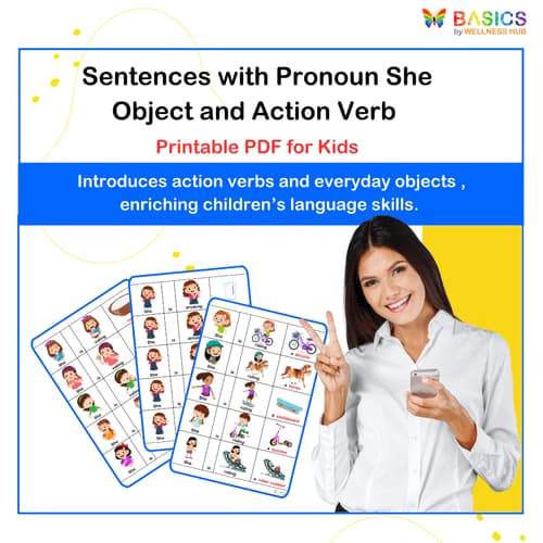 Sentences with Pronoun She: Object and Action Verb - Illustrated PDF for Kids