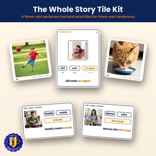 The Whole Story Tile Kit — Printable Sentence Mat with 120 Subject, Verb and Object Word Tiles and 91 Scene Cards – PDF preview