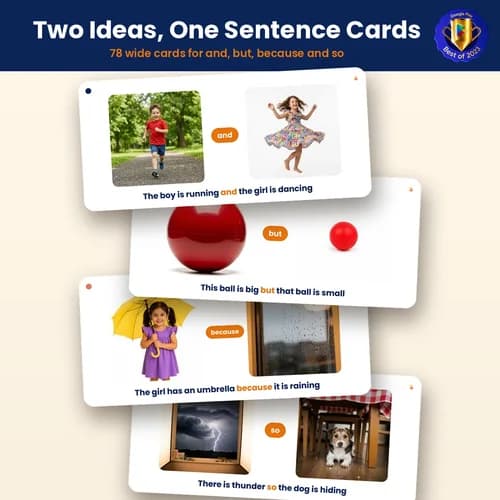 Two Ideas, One Sentence Cards — 78 Printable Conjunctions Flashcards for And, But, Because and So – PDF preview