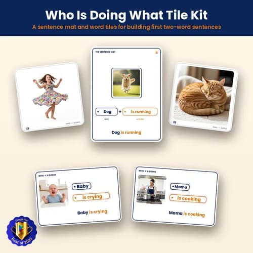 Who Is Doing What Tile Kit — Printable Sentence Mat with 71 Word Tiles and 90 Scene Cards for Subject–Verb Sentences – PDF preview