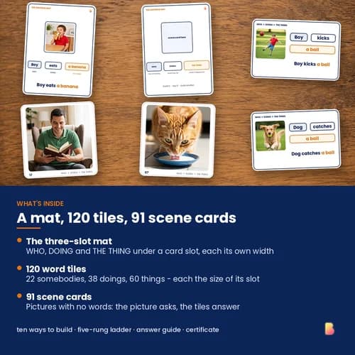 The Whole Story Tile Kit — Printable Sentence Mat with 120 Subject, Verb and Object Word Tiles and 91 Scene Cards – page 2 preview