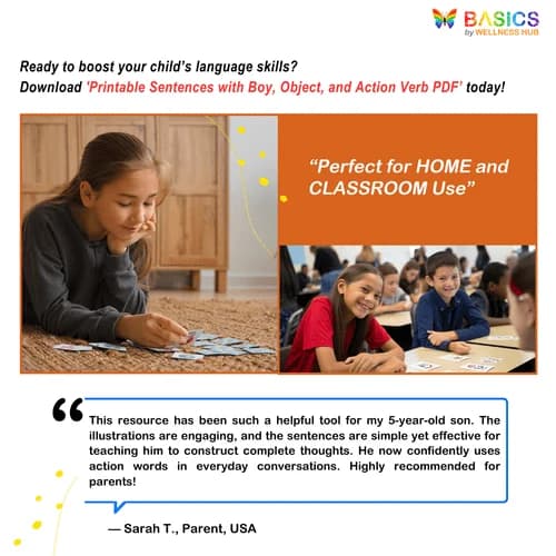 Sentences with Boy, Object, and Action Verb: Illustrated PDF for Kids