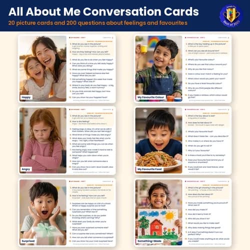 All About Me Conversation Cards — 20 Printable Picture Cards and 200 Questions about Feelings and Favourites – PDF preview