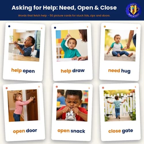 Asking for Help: Need, Open & Close — 50 Printable Request Phrase Flashcards for Early Talkers – PDF preview