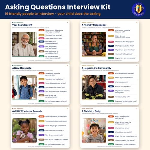 Asking Questions Interview Kit — 16 Printable Get-to-Know-You Interview Boards and 112 Model Questions for Kids – PDF preview
