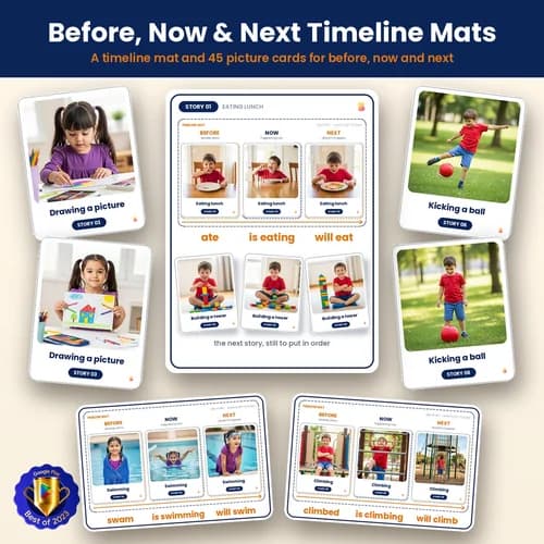 Before, Now & Next Timeline Mats — Printable Past–Present–Future Sequencing Mats with 45 Picture Cards for Verb Tenses – PDF preview
