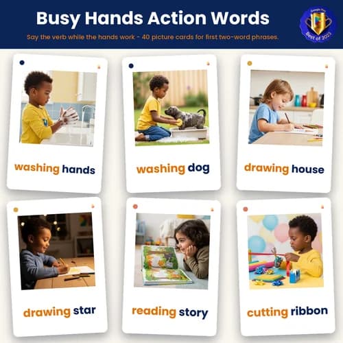 Busy Hands Action Words — 40 Printable Washing, Brushing, Drawing and Cutting Phrase Flashcards – PDF preview