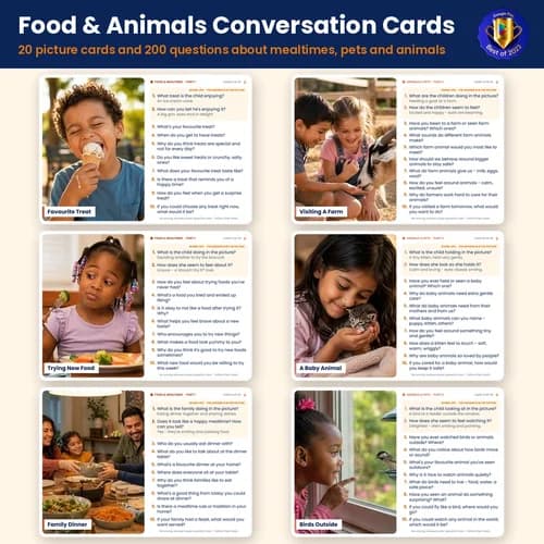 Food & Animals Conversation Cards — 20 Printable Picture Cards and 200 Questions for Reluctant Talkers – PDF preview