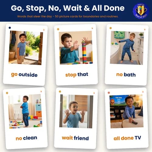 Go, Stop, No, Wait & All Done — 50 Printable Phrase Flashcards for Protest, Waiting and Finishing – PDF preview