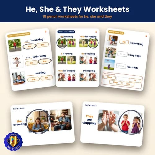 He, She & They Worksheets — 18 Printable Pronoun Worksheets (110 He, She and They Activities) – PDF preview