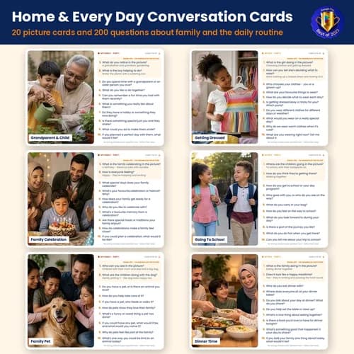 Home & Every Day Conversation Cards — 20 Printable Picture Cards and 200 Questions about Family and Daily Routine – PDF preview
