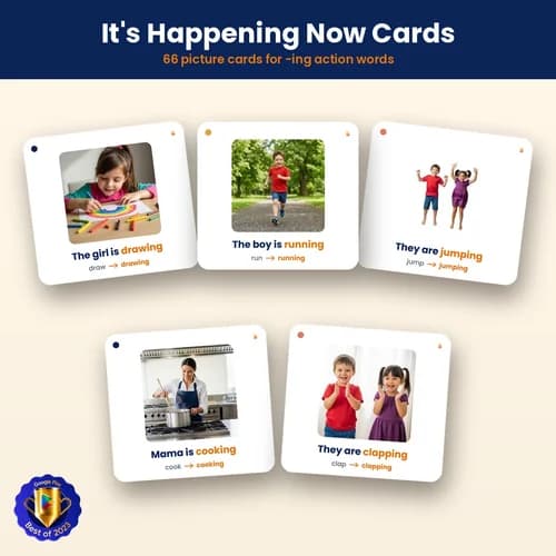 It's Happening Now Cards — 66 Printable Present Continuous (-ing) Action Verb Flashcards in 14 Themes – PDF preview
