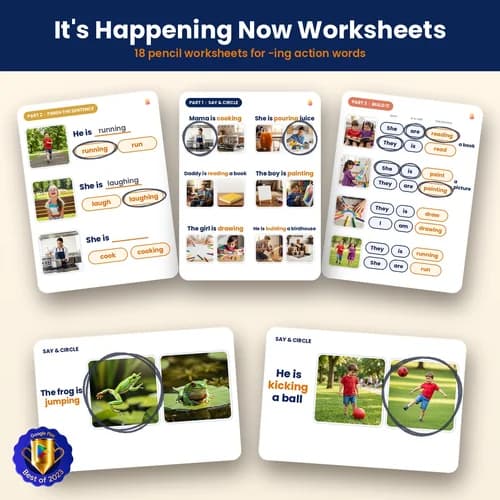It's Happening Now Worksheets — 18 Printable Present Continuous Worksheets (110 -ing Verb Activities) – PDF preview