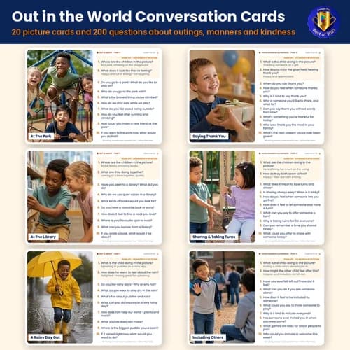 Out in the World Conversation Cards — 20 Printable Picture Cards and 200 Questions about Manners and Community – PDF preview