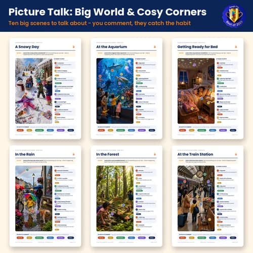 Picture Talk: Big World & Cosy Corners — 10 Printable Scene Posters from Farm to Bedtime for Speech Therapy – PDF preview