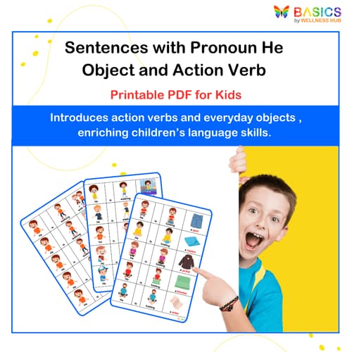 Sentences with Pronoun He: Object and Action Verb - Illustrated PDF for Kids - Free