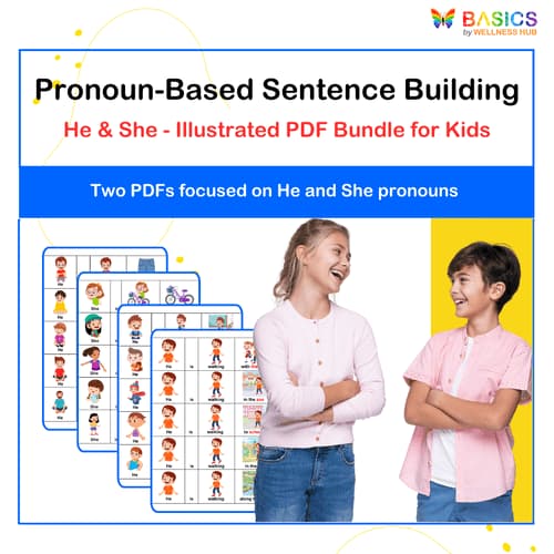Pronoun-Based Sentence Building: He & She - Illustrated PDF Bundle for Kids