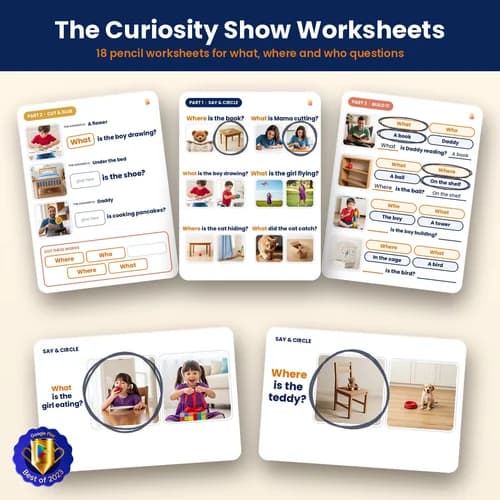 The Curiosity Show Worksheets — 18 Printable WH Question Worksheets (111 What, Where and Who Activities) – PDF preview