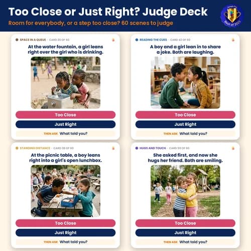 Too Close or Just Right? Judge Deck — 60 Printable Personal Space Cards with Paddles and Space Mat – PDF preview