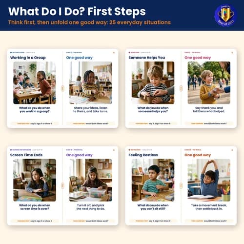 What Do I Do? First Steps — 25 Printable Fold-and-Reveal Social Situation Flip Cards, Easy Level – PDF preview