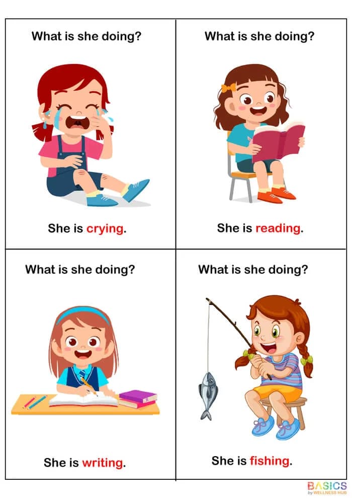 What Is She Doing? WH Questions & Action Verbs Printable – Learn Verbs & Sentence Formation-PDF1