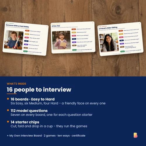 Asking Questions Interview Kit — 16 Printable Get-to-Know-You Interview Boards and 112 Model Questions for Kids – page 2 preview