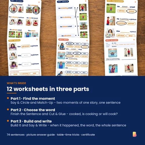 Before, Now & Next Worksheets — 12 Printable Verb Tense Worksheets (74 Past, Present and Future Activities) – page 2 preview
