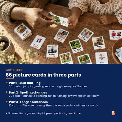 It's Happening Now Cards — 66 Printable Present Continuous (-ing) Action Verb Flashcards in 14 Themes – page 2 preview