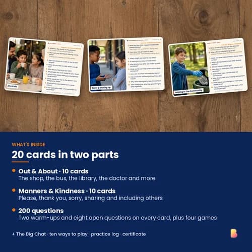 Out in the World Conversation Cards — 20 Printable Picture Cards and 200 Questions about Manners and Community – page 2 preview