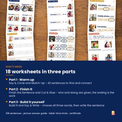 The Whole Story Worksheets — 18 Printable Subject Verb Object Worksheets (108 Three-Part Sentence Activities) – page 2 preview