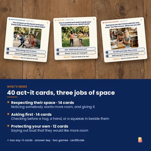 Too Close or Just Right? Act-It Deck — 40 Printable Personal Space Cards for Asking First and Speaking Up – page 2 preview