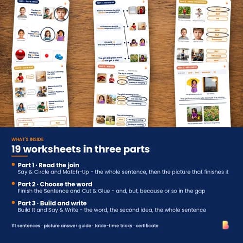 Two Ideas, One Sentence Worksheets — 19 Printable Conjunctions Worksheets (111 And, But, Because and So Activities) – page 2 preview