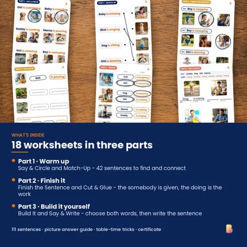 Who Is Doing What Worksheets — 18 Printable Two-Word Sentence Building Worksheets (111 Subject–Verb Activities) – page 2 preview