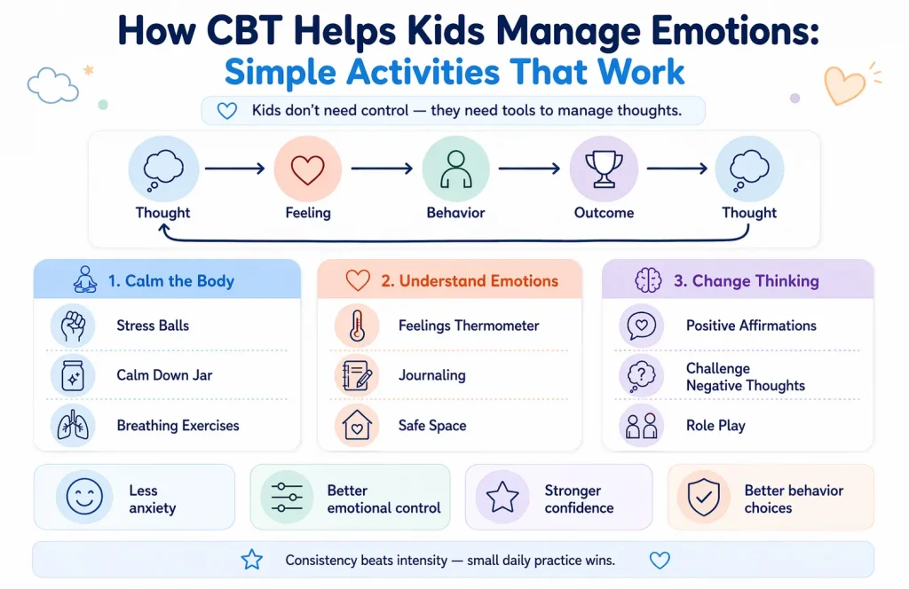 CBT activities for kids infographic showing thought feeling behavior cycle with emotional regulation tools like breathing, journaling, and positive thinking