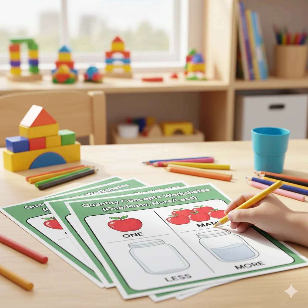 Quantity Concepts Worksheets (One/Many, More/Less)