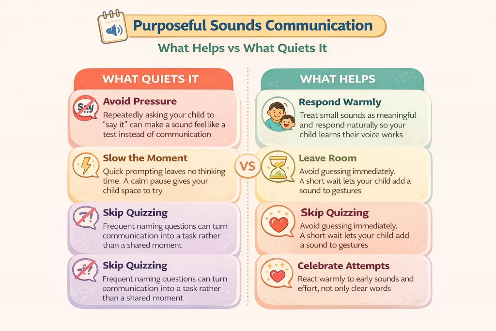 Purposeful Sounds Communication: What Helps vs What Quiets It