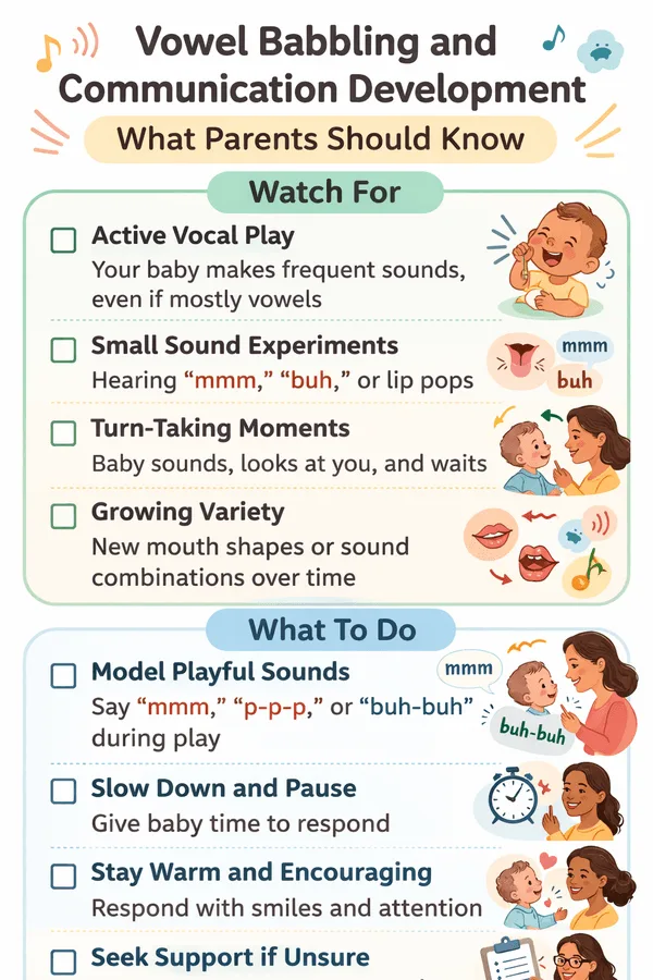 Parent checklist explaining vowel babbling and communication development in babies.
Pinterest Description: Is your baby mostly using vowel sounds? This parent checklist explains how vowel babbling supports communication development and what gentle steps to take next. A reassuring guide for parents wondering about early sound growth.