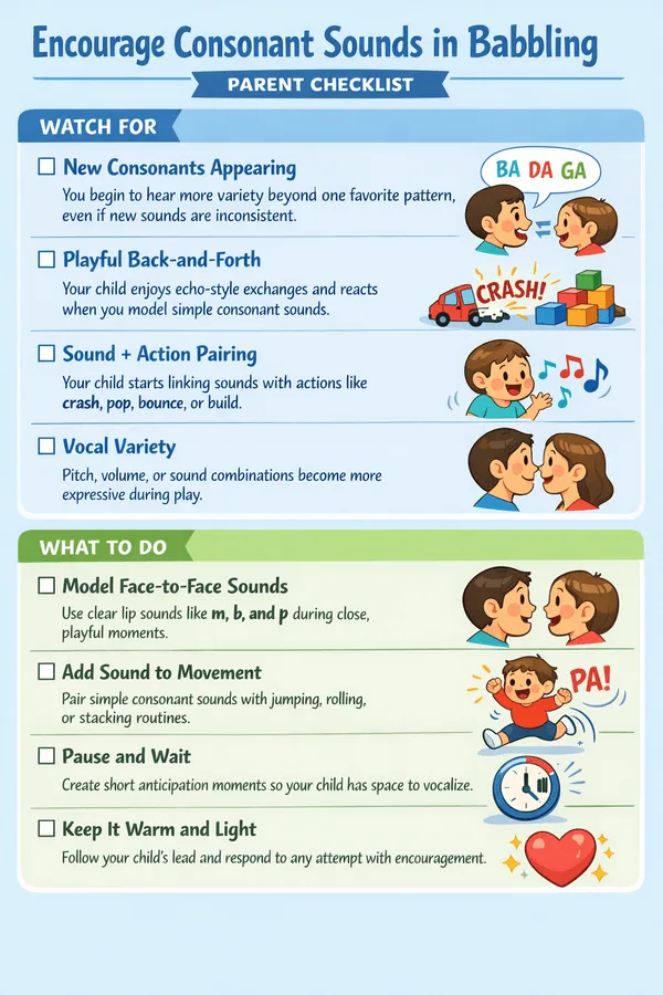 Parent checklist infographic showing activities to encourage consonant sounds in babbling
