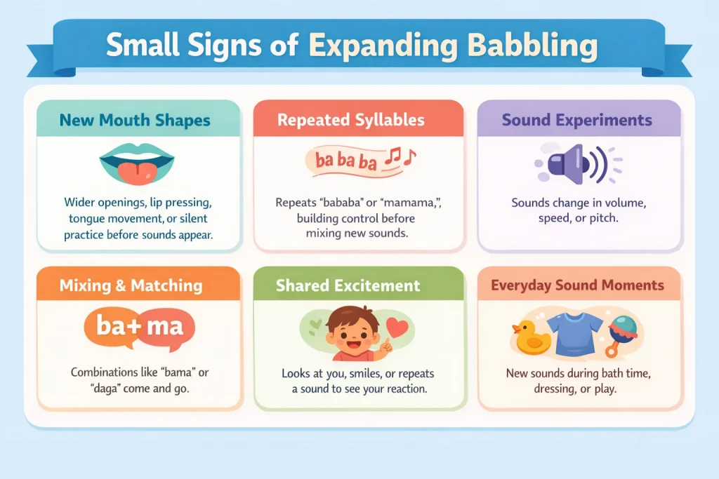 Parent noticing expanding babbling and small sound changes during everyday play