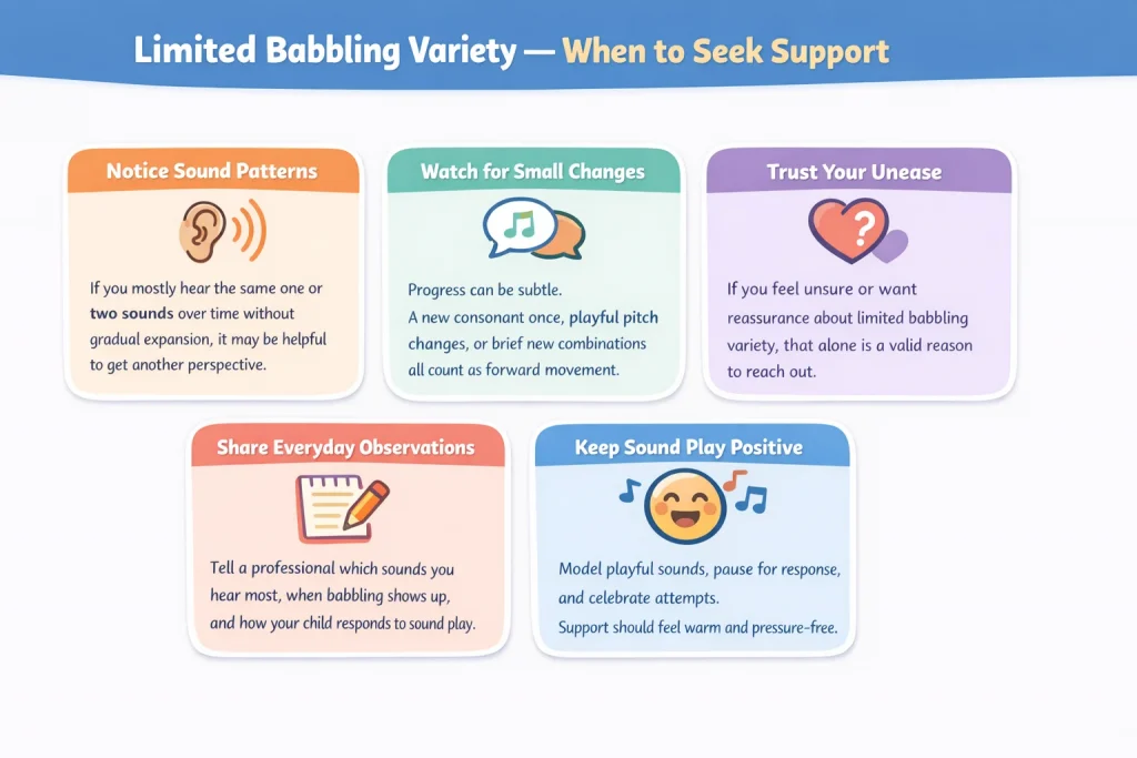 Parent observing limited babbling variety during everyday play with their baby