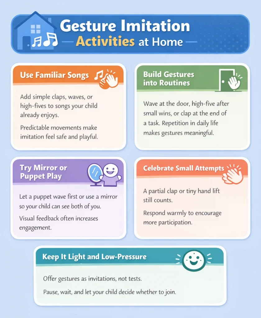Parent and child practicing gesture imitation activities like clapping and waving at home.