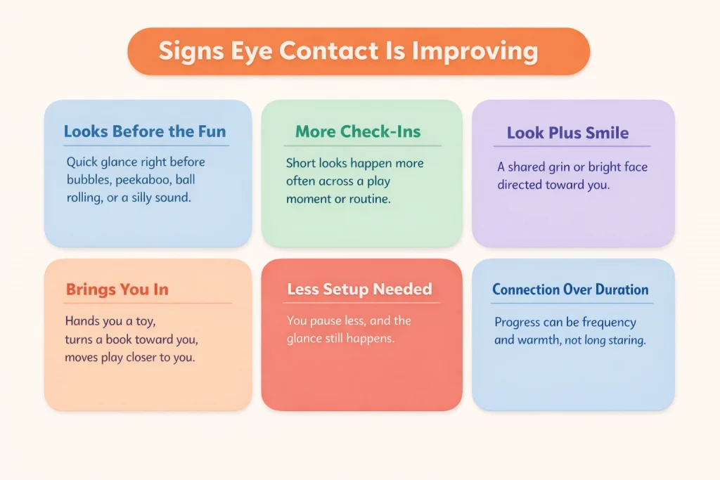 Signs eye contact is improving infographic showing 5 early progress wins during play and routines