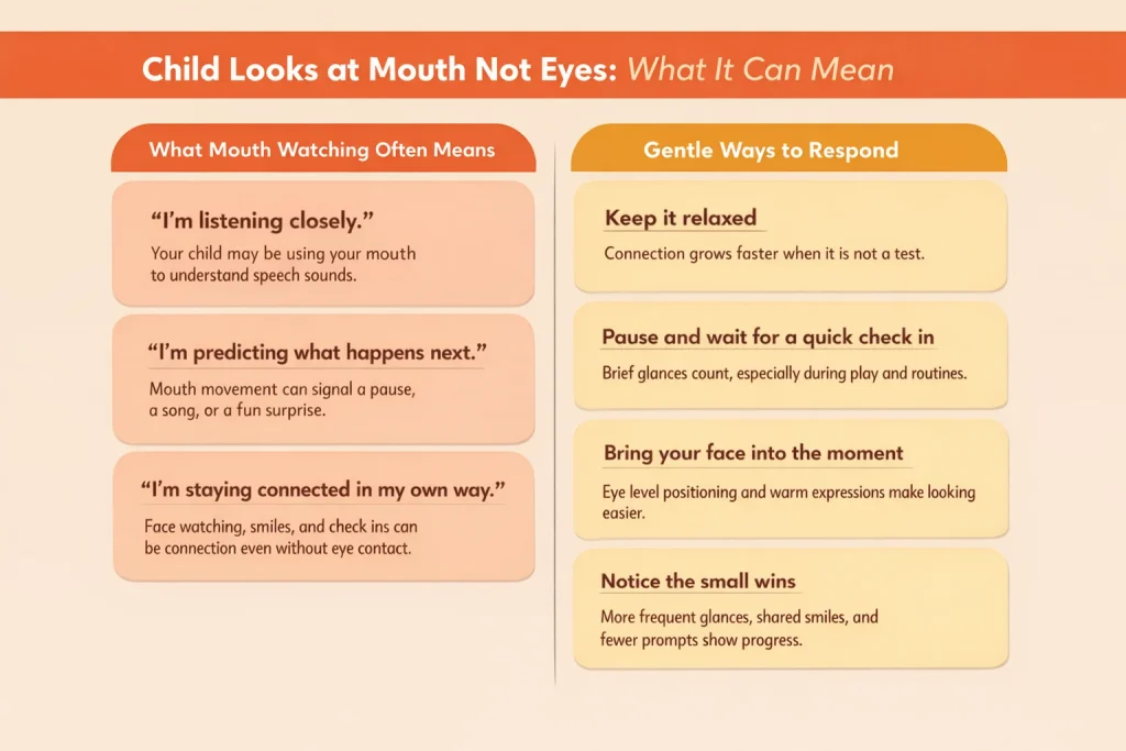 Child looks at mouth not eyes infographic showing what mouth watching can mean and gentle ways to respond