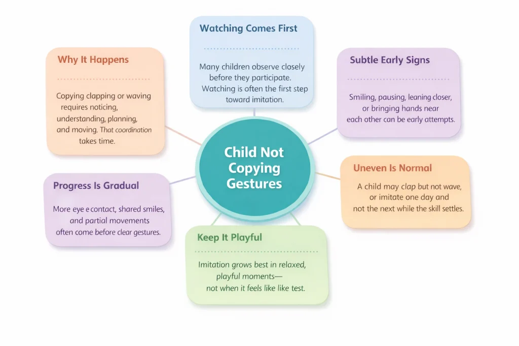 Parent concerned about child not copying gestures like clapping or waving during play