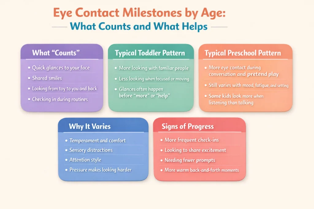 Eye contact milestones by age infographic showing what counts, typical patterns, and signs of progress.
