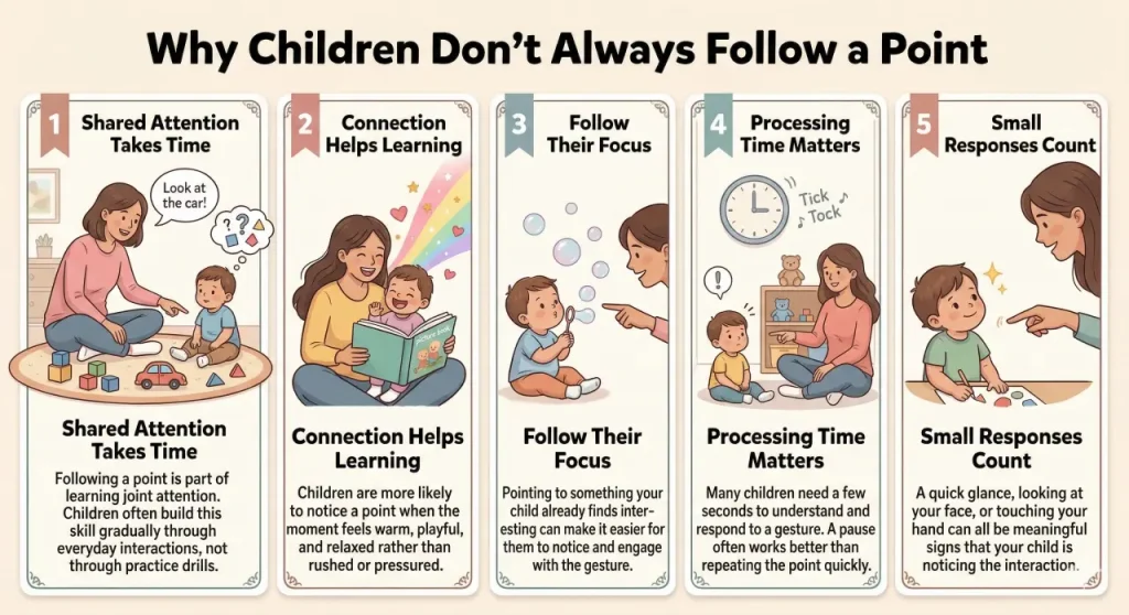 Infographic showing why children sometimes follow a pointing gesture and how parents can support joint attention