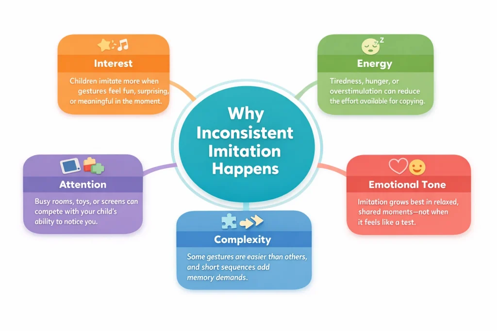 Parent and toddler practicing clapping during inconsistent imitation in a calm home setting.