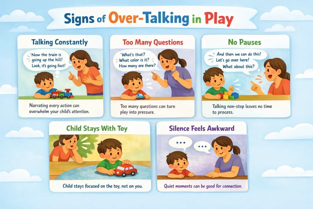 Infographic showing signs of over-talking and simple ways to support joint attention toddler moments during play